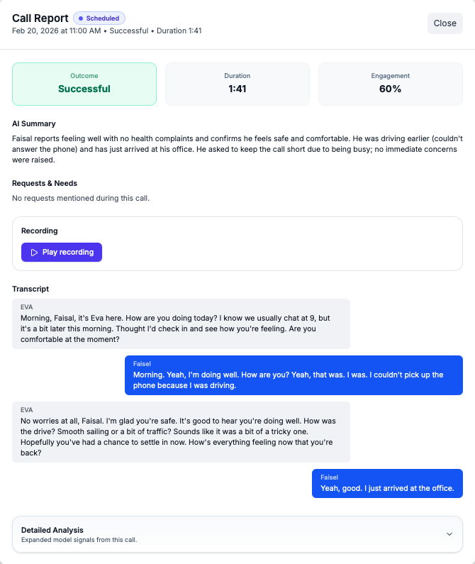 EvaCares call report showing a wellbeing snapshot and transcript
